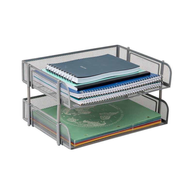 Mind Reader Stackable Paper Tray, Desktop Organizer, File Storage, Office, Metal Mesh, 13.5" L x 10" W x 7.25" H, 2 Pcs., Silver - Image 1